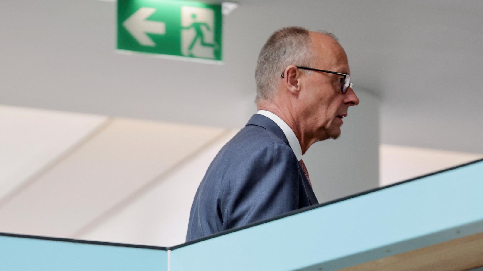 the chancellor of Germany, Friedrich Merz, arrives at the CDU leadership meeting on election night.