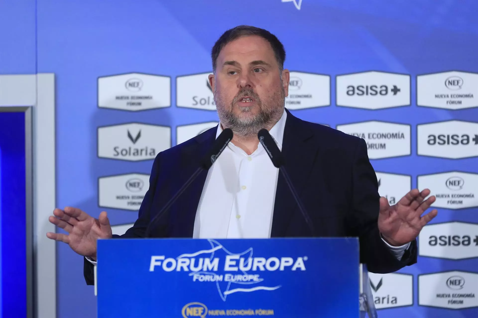 Oriol Junqueras durant la seva intervenció al Fòrum Europa a Madrid