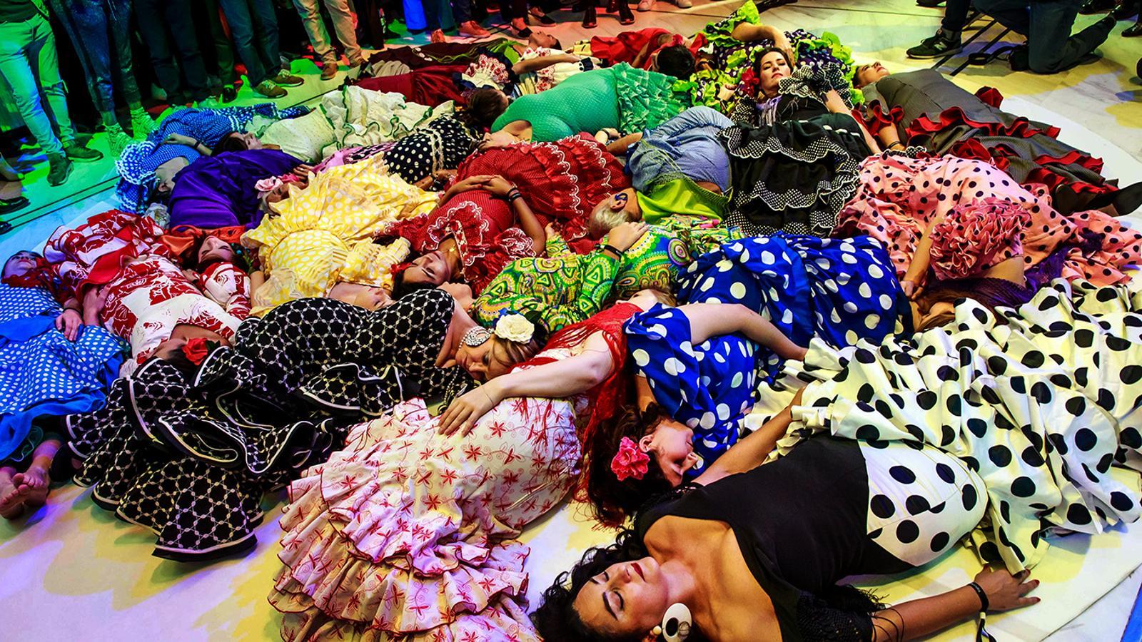 The performance of the Spanish artist Pilar Albarracin during the eve of the art festival Nuit Blanche in Paris, France