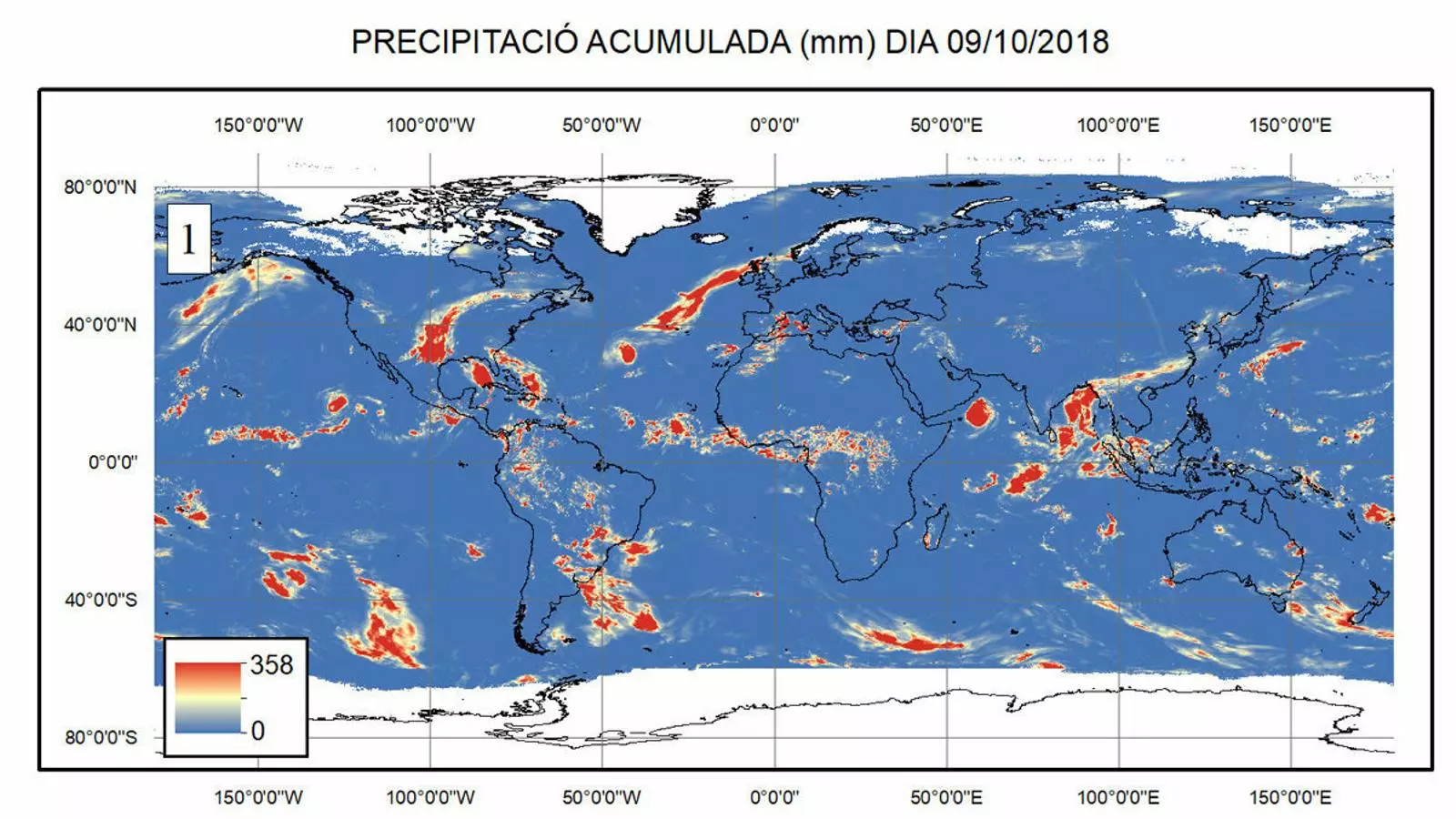 Precipitació acumulada en mm durant dia 9 d’octubre a tota la Terra.
