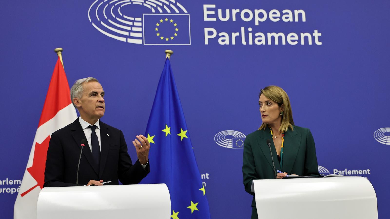 Mark Carney, Prime Minister of Canada, and Roberta Metsola, President of the European Parliament, at a press conference on Thursday, September 17.