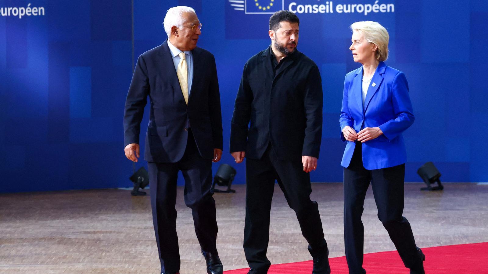 Antonio Costa, Volodymyr Zelensky and Ursula von der Leyen at the European Council.