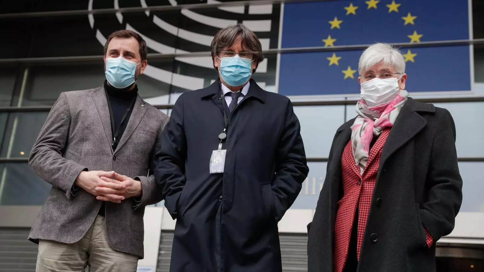 Toni Comín, Carles Puigdemont y Clara Ponsatí este martes ante el Parlamento Europeo.