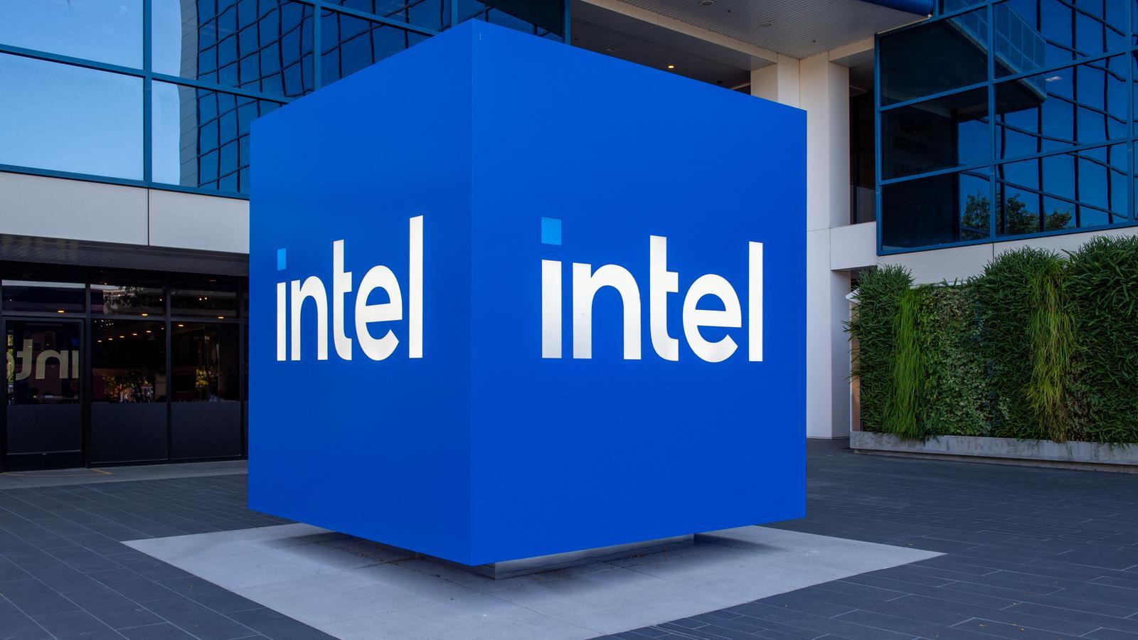 The Intel logo at the multinational's headquarters in Santa Clara, California