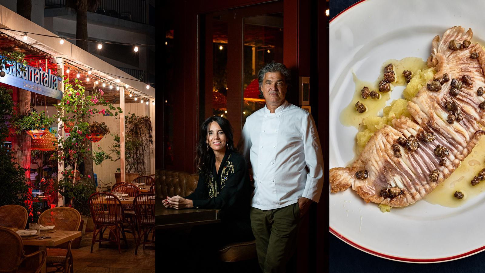 The facade of Casa Natalia; Natalia Juan and Carles Abellán; the ray dish with capers.