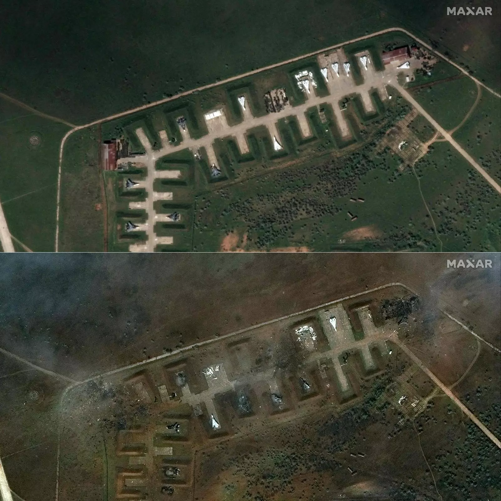 Imágenes de satélite antes y después de las explosiona a la base aérea rusa de Saki, al oeste de la península de Crimea.