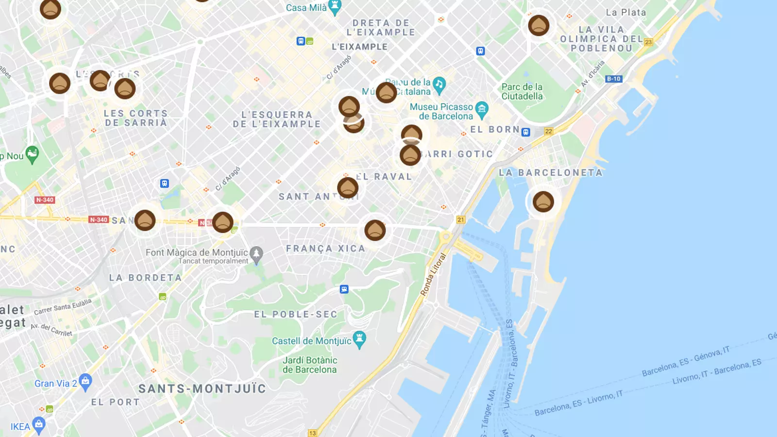 Mapa dels punts de venda de castanyes a Barcelona (2021)