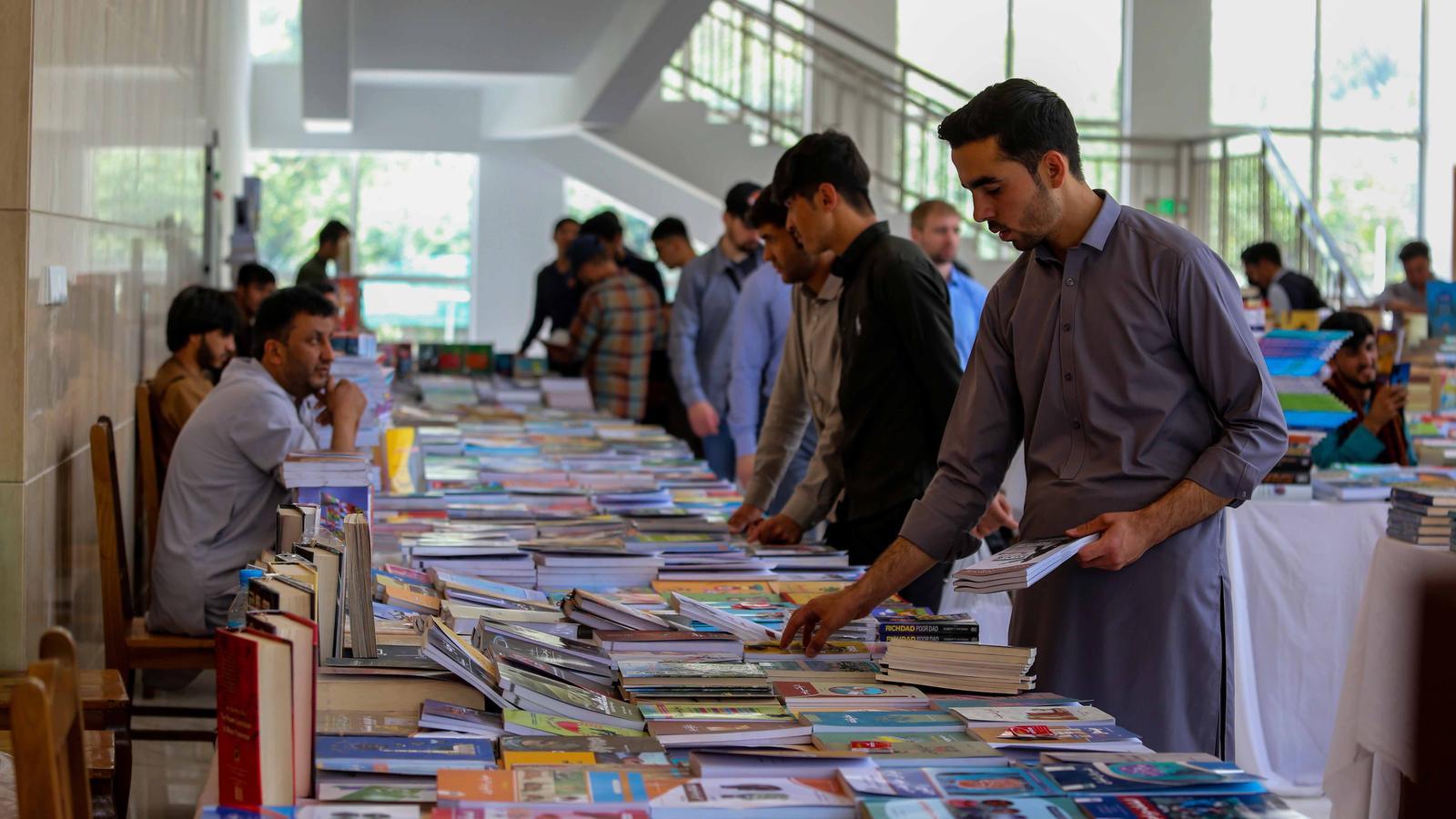 Books exhibited at the University of Kabul to encourage reading among students. With the Taliban, books that encourage critical thinking are prohibited.