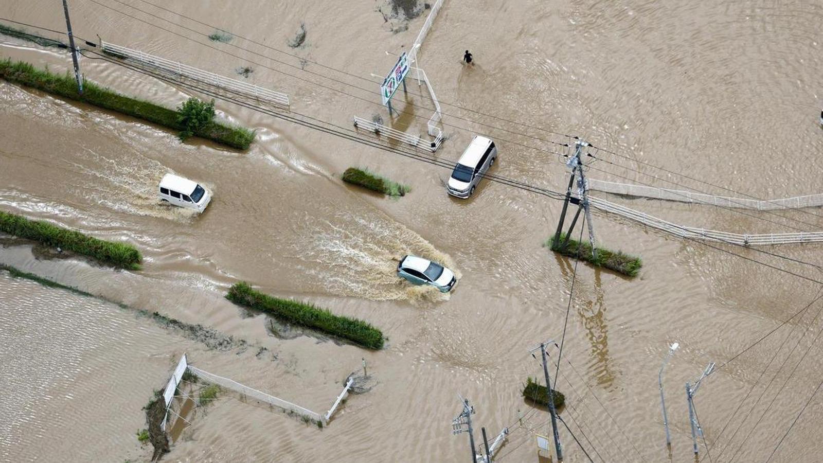Aerial view of a flooded area after heavy rains in Oamishirasato, Chiba Prefecture.