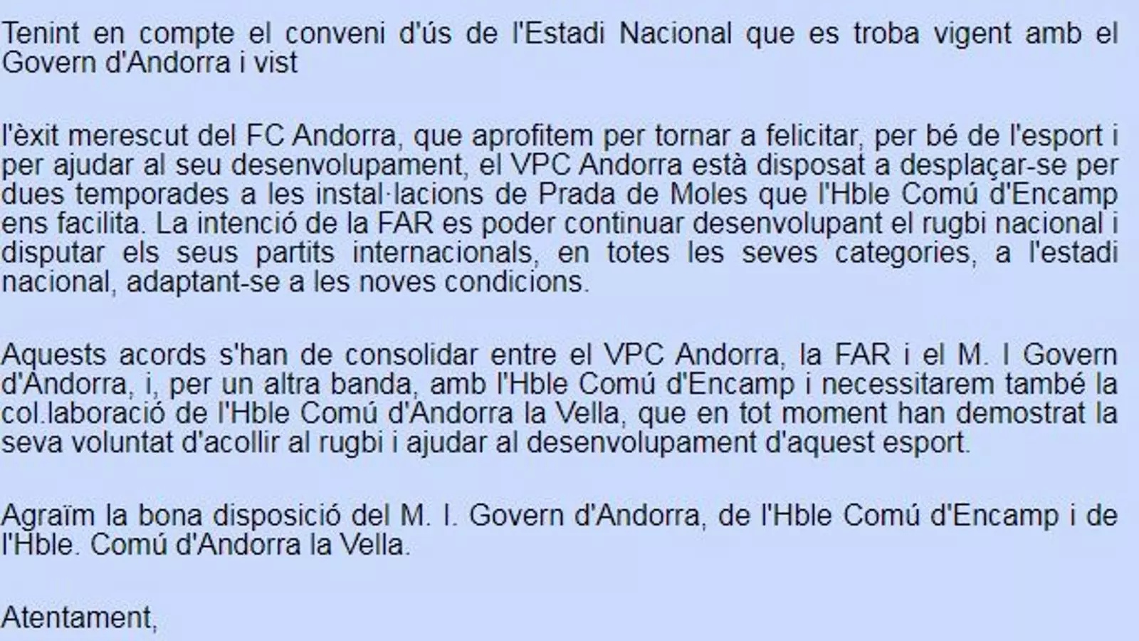 El comunicat conjunt de la FAR i el VPC.