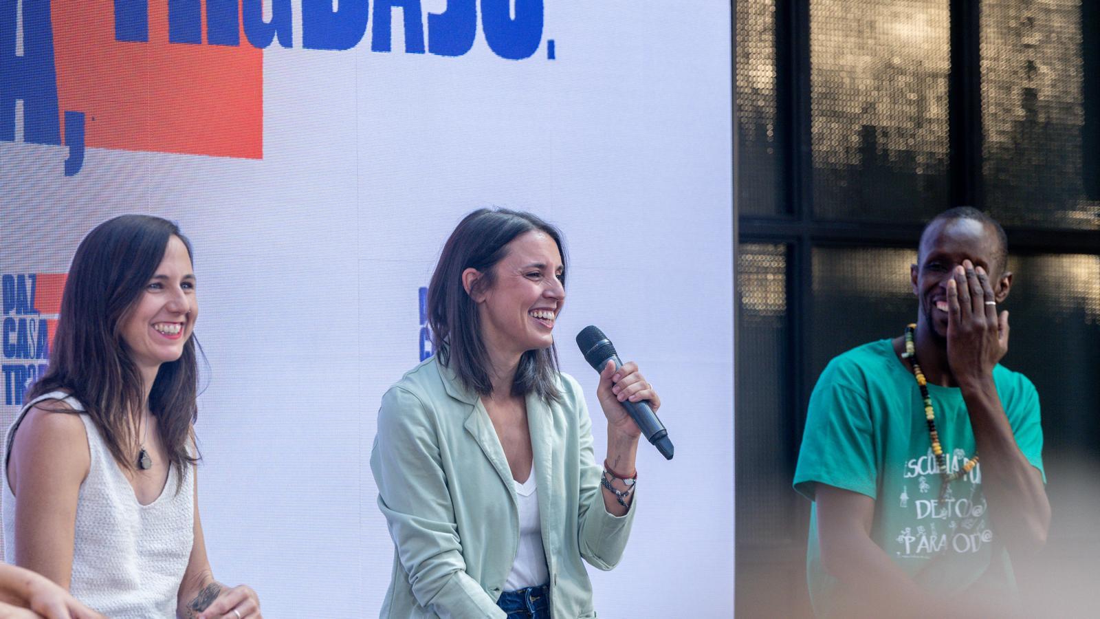Ione Belarra, Irene Montero and Serigne Mbaye, last Saturday at the officialization of Montero as a candidate for Podemos