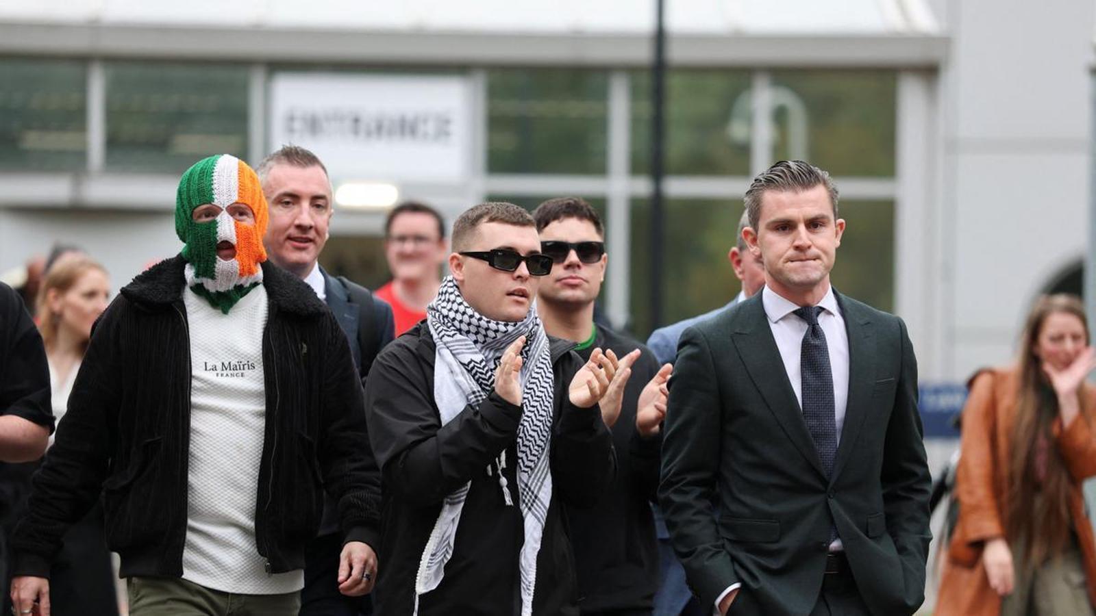 Mo Chara, of the Irish band Kneecap, leaving the courthouse after being released.