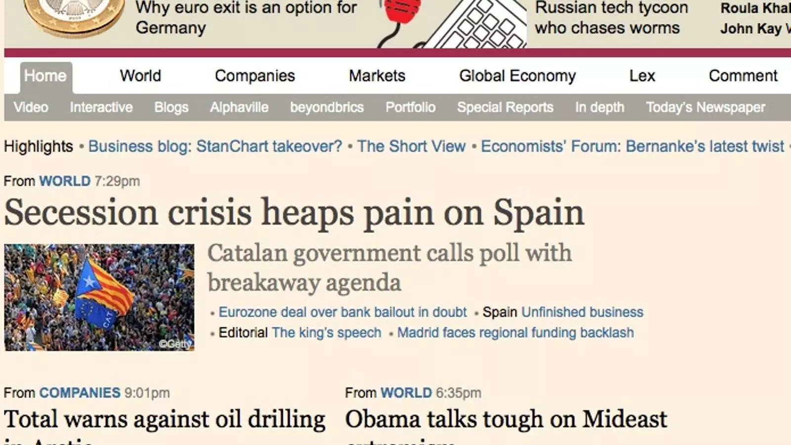 L'article sobre les eleccions catalanes, a la portada del 'Financial Times' / ft.com