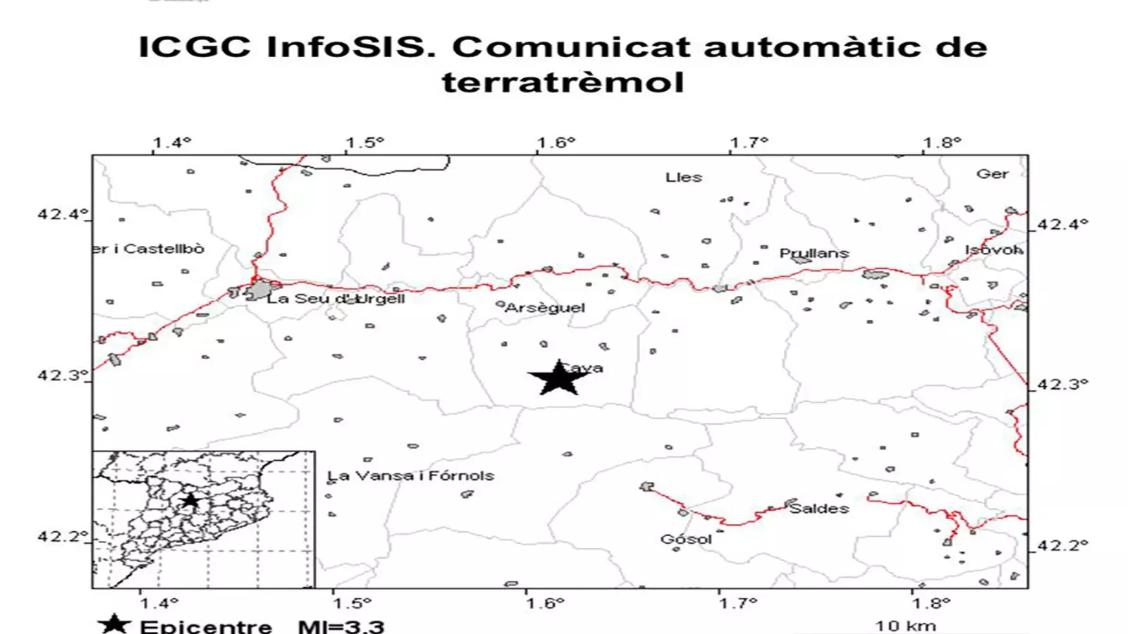 Imatge on s'indica l'epicentre del moviment sísmic.