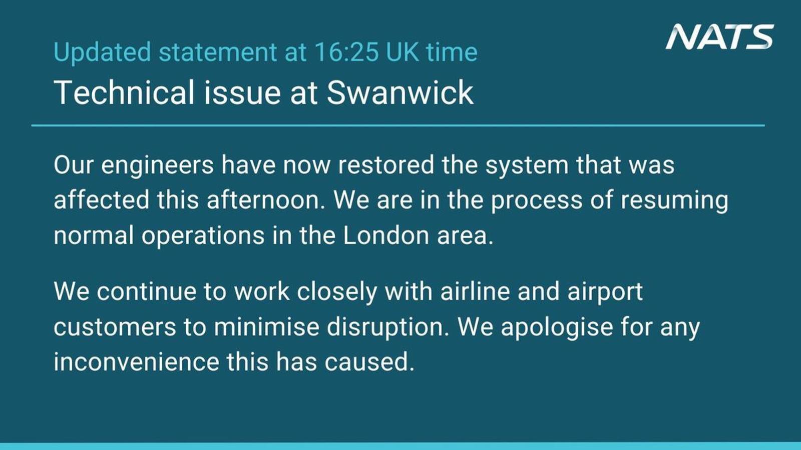 The statement from NATS, the British air traffic control operator, announcing the restoration of service.