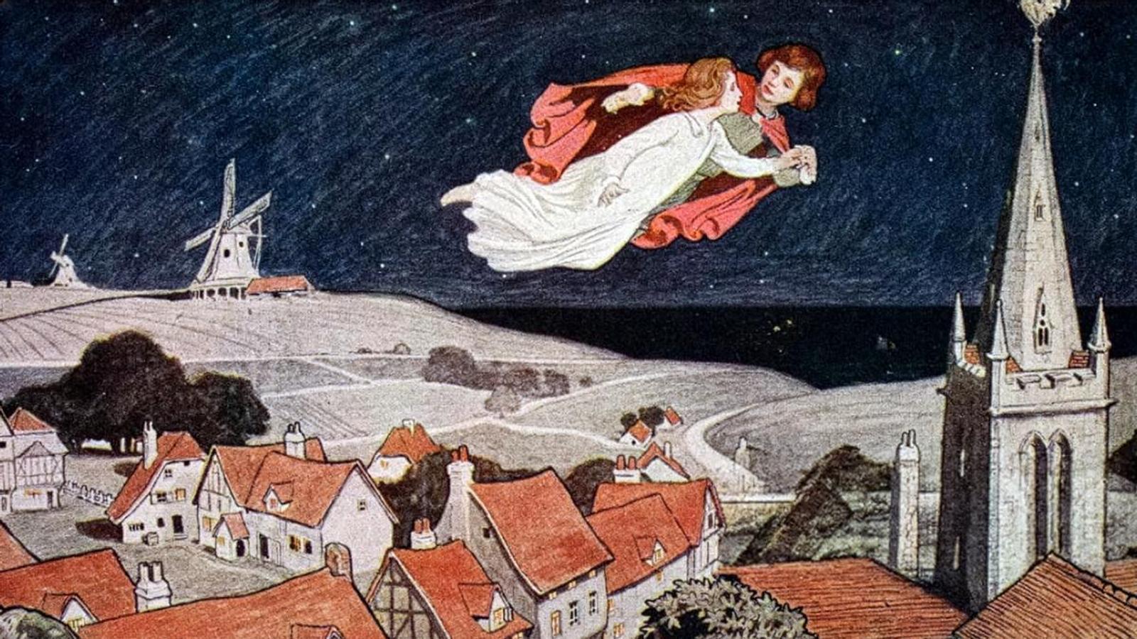 illustration of Peter Pan and Wendy flying over the city