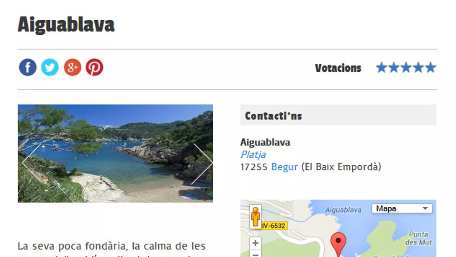 Fitxa de la platja d'Aiguablava, a la Costa Brava