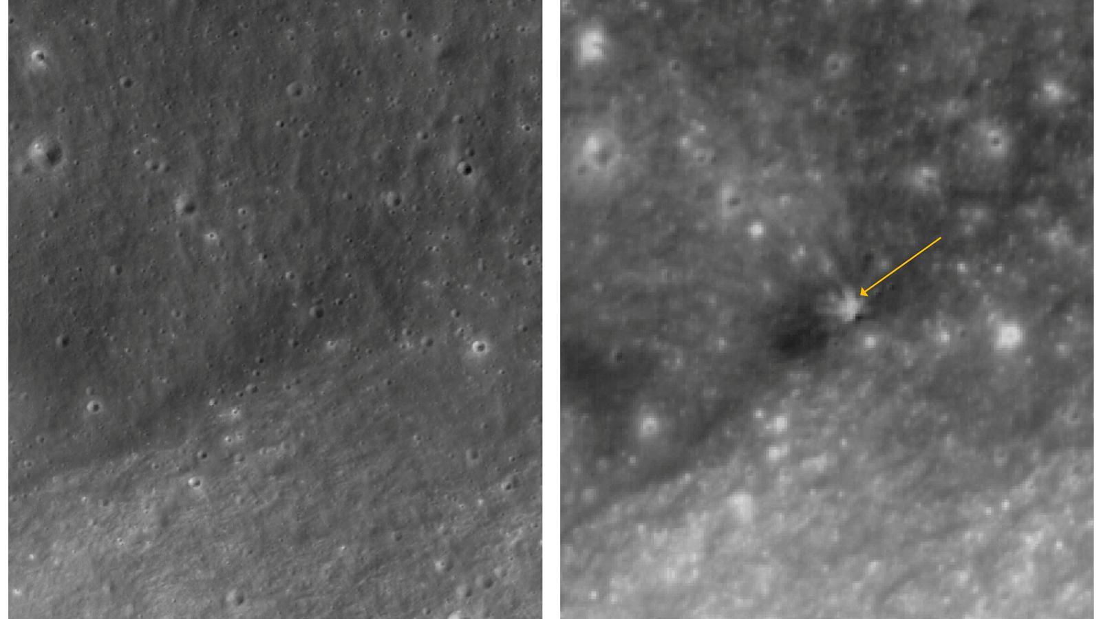 Un montaje de imágenes de satélite muestra la superficie de la Luna antes (a la izquierda), el 1 de octubre de 2015, y después (a la derecha) del impacto de la segunda etapa de un cohete Falcon 9 de SpaceX, lanzado por Firefly Aerospace en dirección a la Luna en enero de 2025