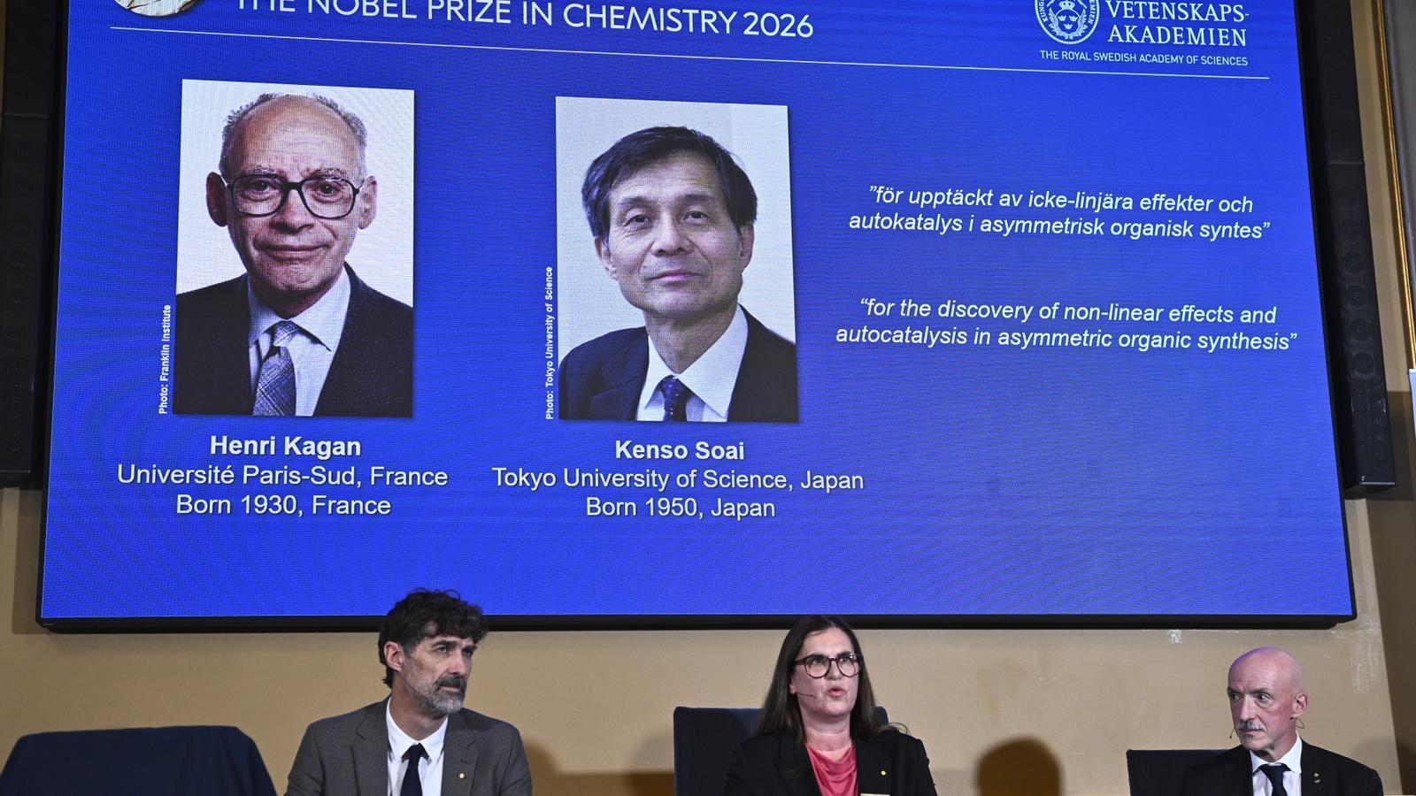 Announcement of the 2026 Nobel Prize in Chemistry winners, Kenso Soai and Henri B. Kagan, in Stockholm.