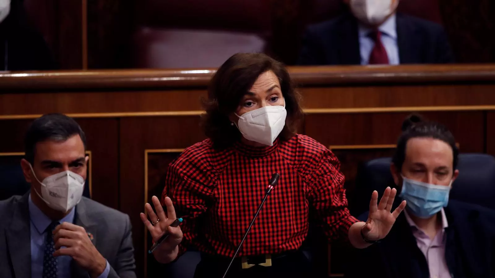 Pedro Sánchez, Carmen Calvo i Pablo Iglesias dimecres durant la sessió de control al Congrés.