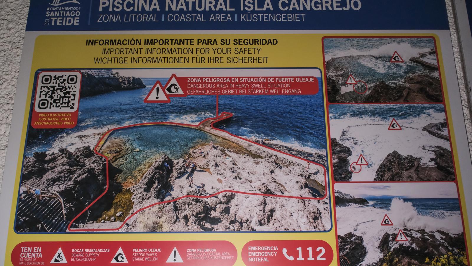 Un aviso de peligro en la piscina natural Isla Cangejo