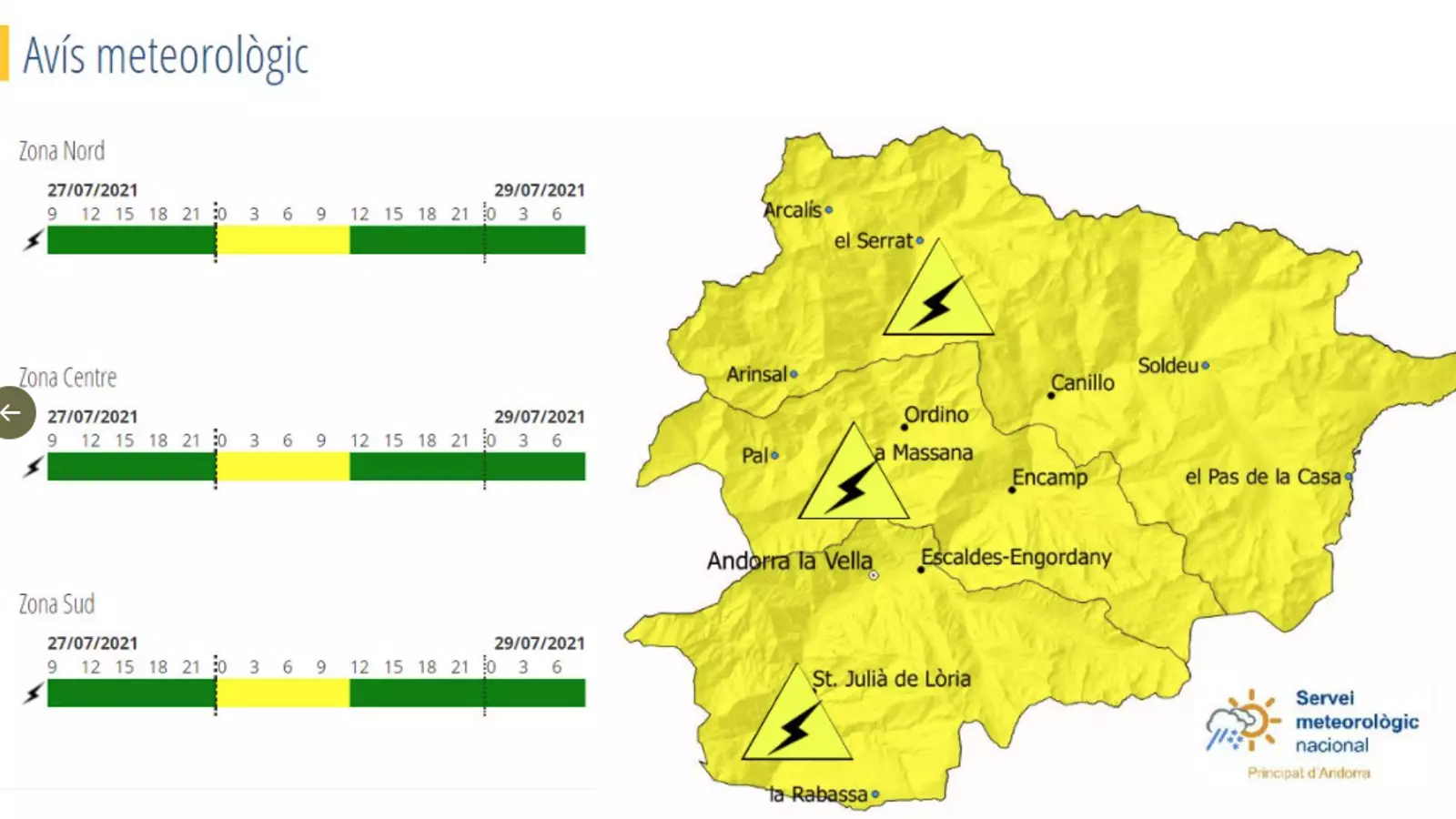 Avís groc per tempestes a tot el país.