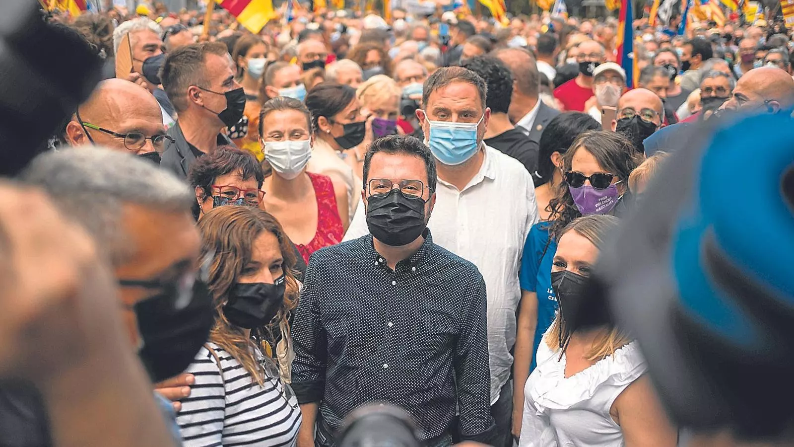 El presidente de la Generalitat, Pere Aragonès, en la manifestación de la Fiesta del 2021