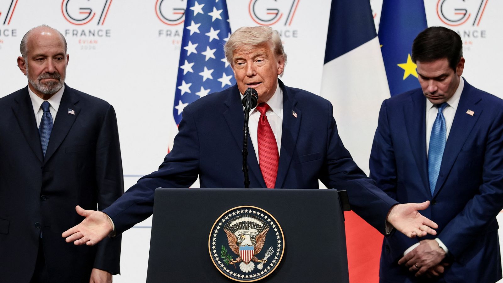 Donald Trump at the press conference closing the G7 summit in Evian.