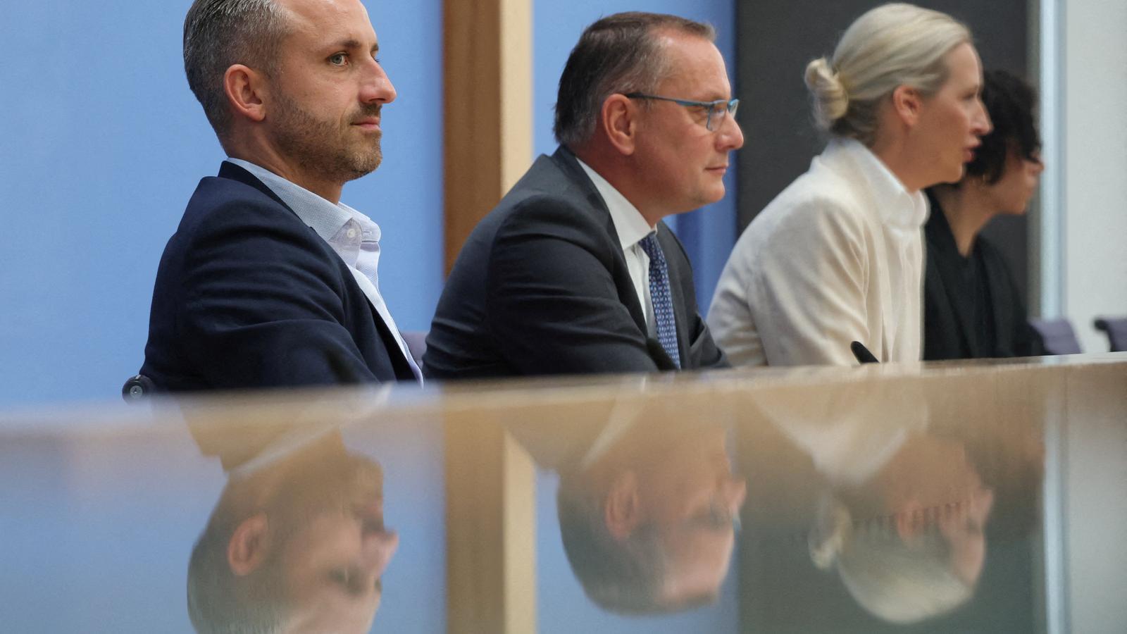 The co-presidents of the AfD, Tino Chrupalla and Alice Weidel, and the candidate for Saxony-Anhalt, Ulrich Siegmund, at a press conference on September 7.
