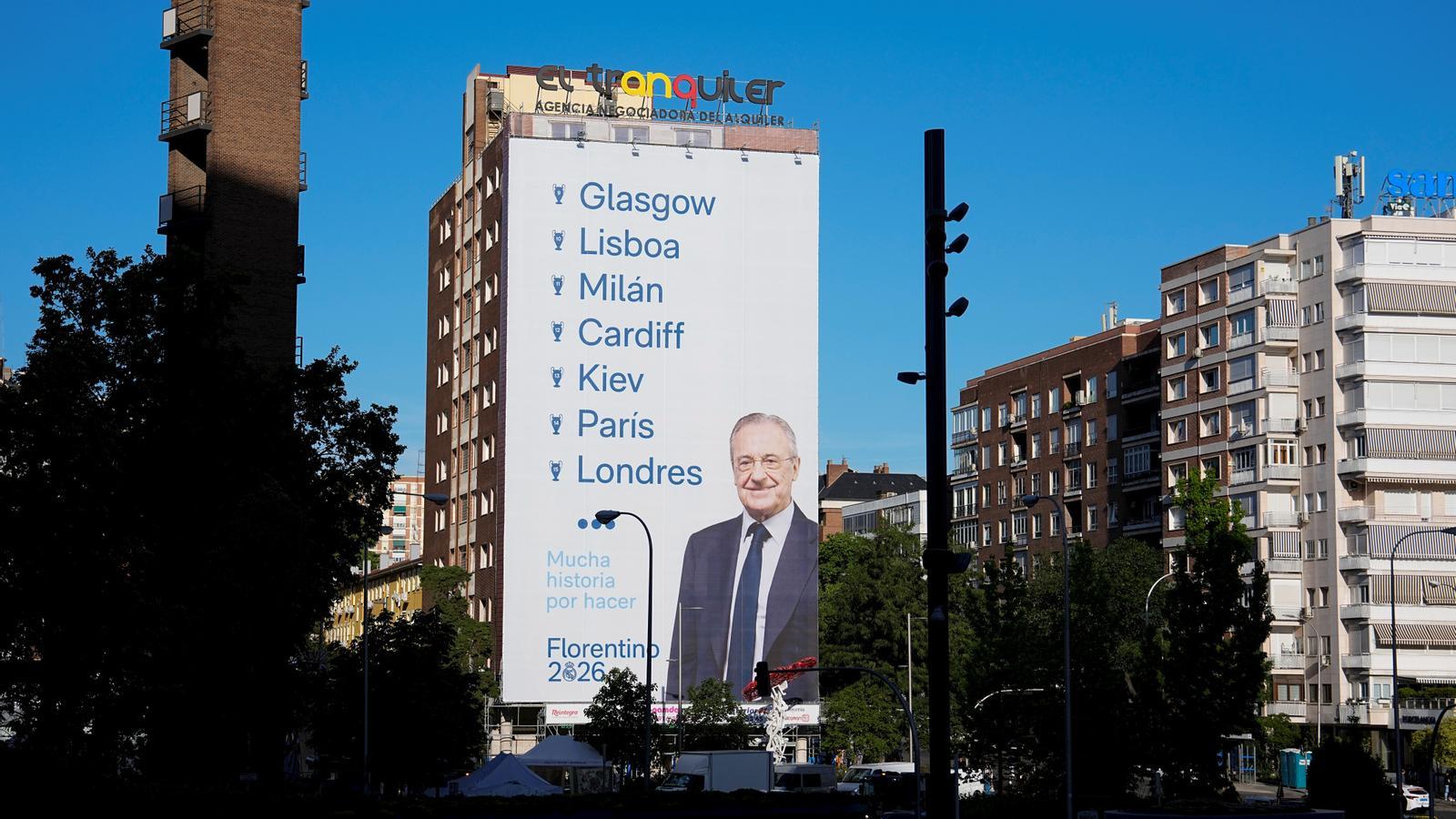 A banner with the image of Florentino Pérez outside the Santiago Bernabéu stadium before the league match between Real Madrid and Athletic Club.