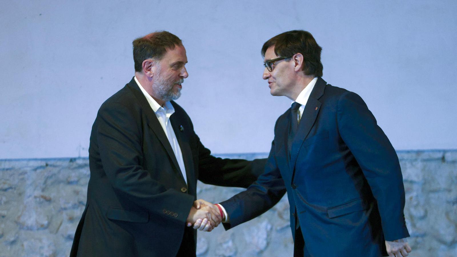 Oriol Junqueras y Salvador Illa, este lunes durante el acto de presentación de la línea orbital en Sant Sadurní d'Anoia