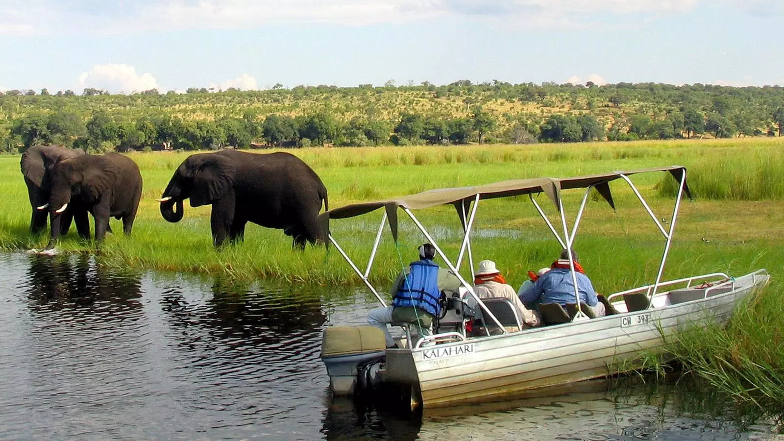 Turistes contemplant elefants al riu Chobe, a la frontera entre Botswana, Namíbia i Zimbawe.