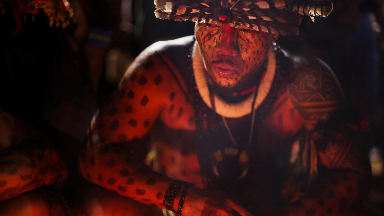 An indigenous Pataxo man, at the 'Terra Livre' camp in Brasília, Brazil.