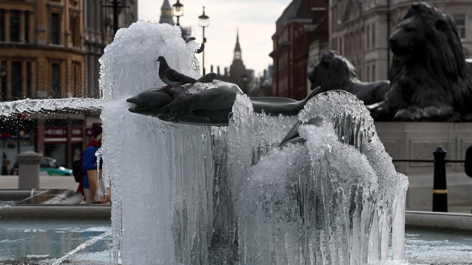 Les fonts de Trafalgar Square a Londres, completament cobertes de gel.