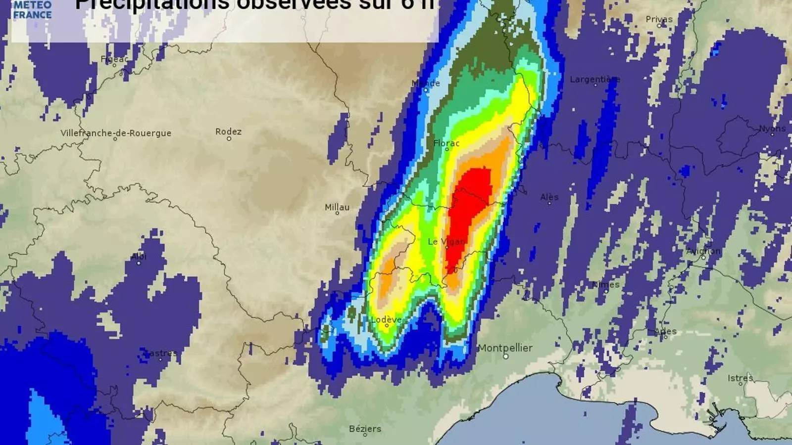 Precipitació acumulada en 6 hores al sud-est de França